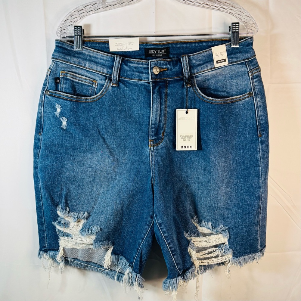 Judy Blue Womens Distressed Fray Hem Denim Cut Off Shorts Mid Rise Size 1XL New‎